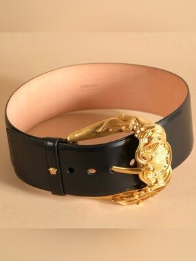 Versace Black Wide Leather Belt With Gold Baroque Buckle Size 75cm/30in (Small)
